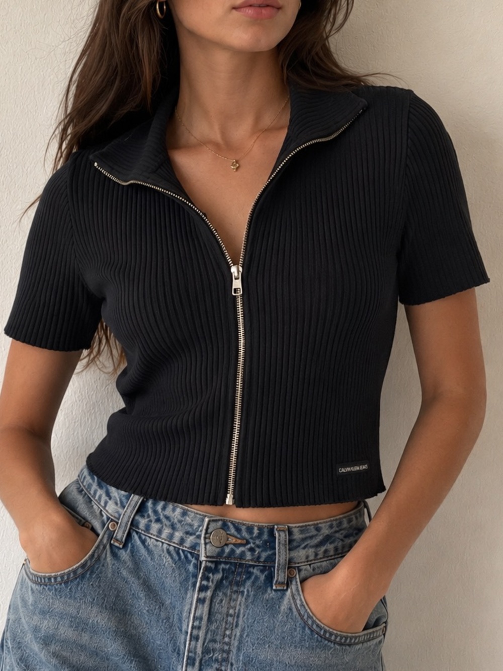 Calvin Klein Jeans Black Ribbed Zip-Front Crop Top
